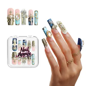 Starry Night 3D Cross Press On Nails | High Quality Handmade Acrylic Nail Set with Marble Gold Foil, Glitter Diamond Details & Gothic Free Style Sculpted Charms | Salon Quality Luxury Edition Press On Nails for Premium Glam – NailAppife
