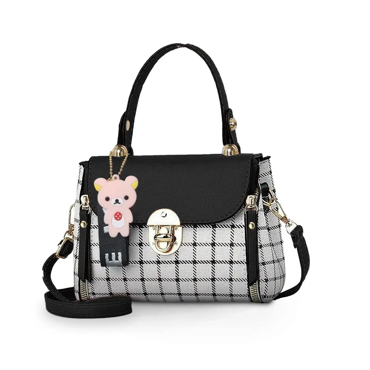 Compact Checkered Pattern Crossbody Bag for Women, Lightweight Casual Shoulder Satchel with Bear Pendant for Teenage Girls, 7.8x4.3x5.9", Casual Bags, Checkered Pattern Bag