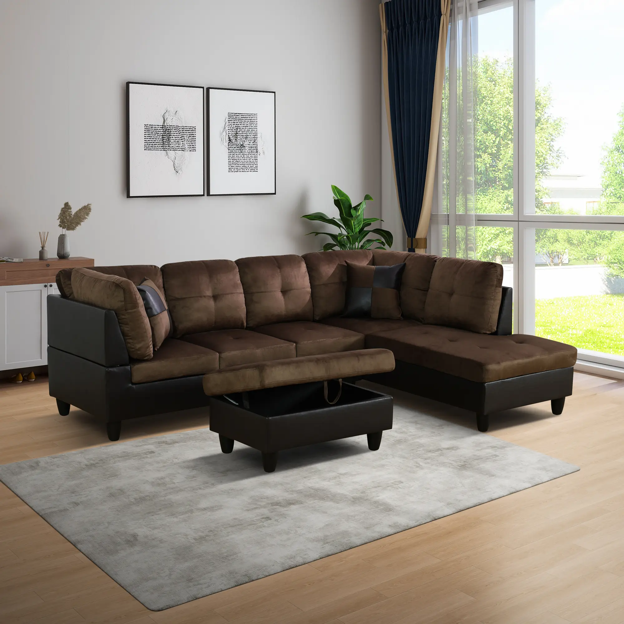 3-Piece Flannel&Leather Faux Leather Sectional Sofa Set, Modern Brown Patchwork Upholstered Sofas, Soft Plush Living Room Furniture with Storage Ottomans, Seats 5