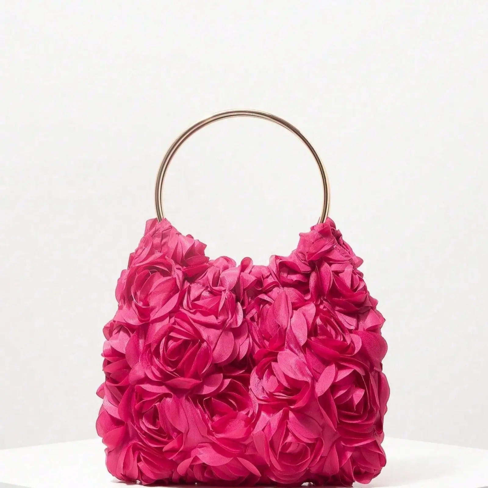 Elegant Rose Flower Evening Clutch Bag, Women's Formal Party Handbag, Sweet Girl Hand-Held Bag, Solid Color Bucket Bag, Bridal Handbag (Pattern Random), Exquisite Floral Bag for Women