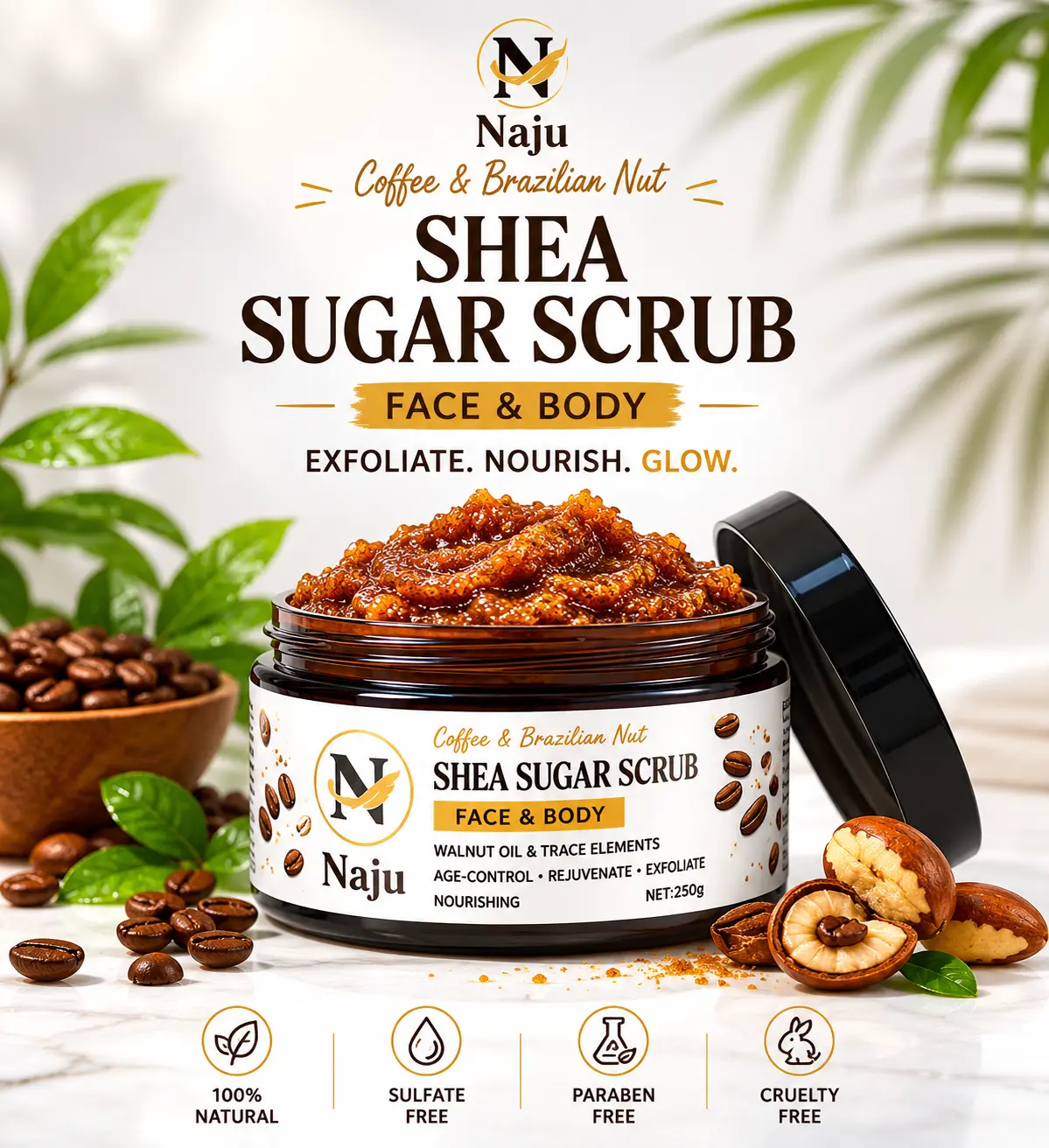 Shea Sugar Scrub Face & Body with Coffee & Brazilian Nut Winut Oil Trace Elements Age Control Rejuvenate Exfoliate Nourishing 250g