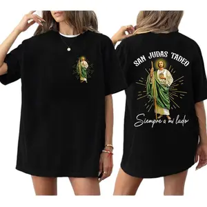 SanJudas Tadeo Siempre A Mi Lado Spanish Jesus Shirt Unisex 2 Sides T-Shirt Cotton Fabric Black Round Neck Casual Top