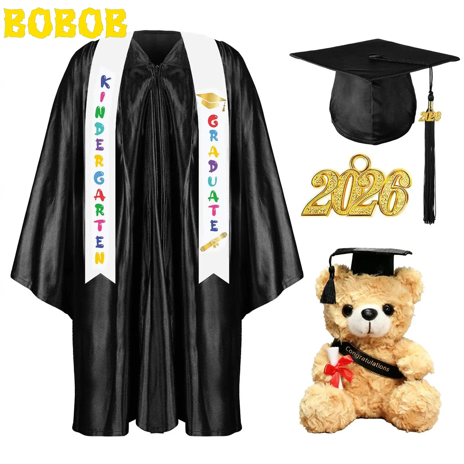 2026 Preschool Graduation Accessories 7-Pcs Polyester Set - 1 Piece of Graduation Cap, Gown, Tassel, Stole Sash, 2026 Charm, Bear Gift - Appropriate Size for Kids, Ideal Gifts for Kindergarten Graduates, Invisible Opening
