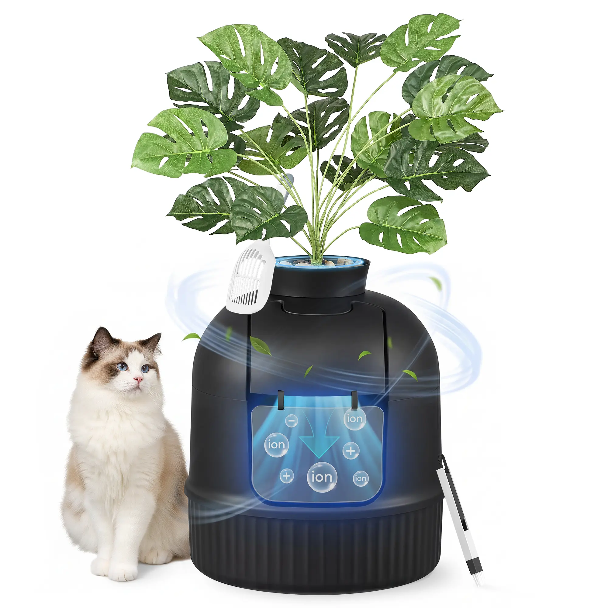 Feandrea Enclosed Hidden Cat Litter Box Enclosure with Artificial Plant, Door, Carbon Filter, Odor Control, Pebbles, Scoop, Brush – Pet Litter Enclosed Box Furniture