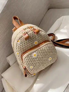 Women's Casual Trendy Flower Decorated Backpack Purse with Zipper, Cute Colorblock Backpack with Braided Design, Fashionable Backpack for Daily & Travel, Cute Versatile Backpack