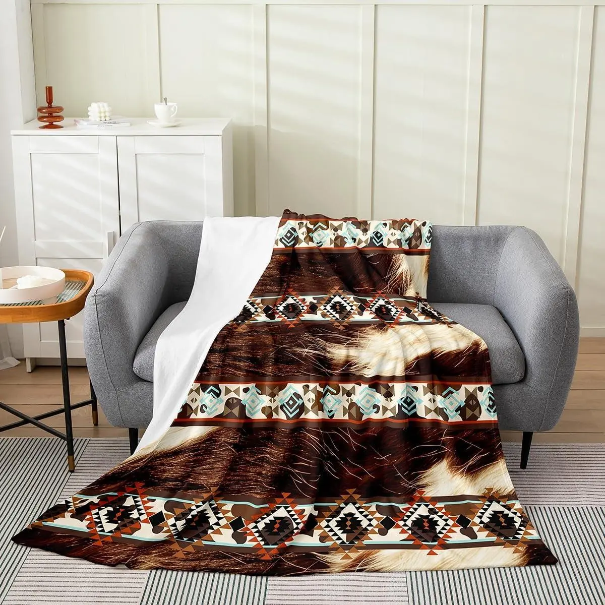 Western Plush Throw Blanket Cowhide Cow Print Retro Fur Flannel Blanket Throw Boho Rustic Farmhouse All Season Exotic Geometric for Couch Bed Sofa Browm and Beige Bedroom Decor