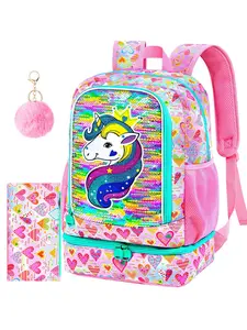 2-in-1 Unicorn Backpack for Kids, 17" Girls Sequins Bookbag Set with Bottom Lunch Compartment and Pencil Bag, School Bag for Toddler, Preschool, Elementary, Cute Backpack