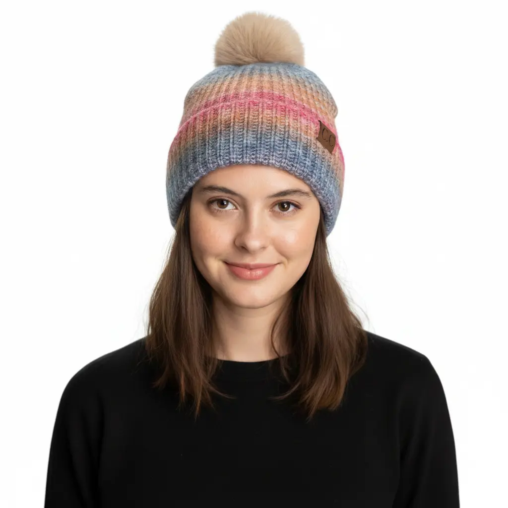 Multi-Color Gradient Pom Pom Beanie – Lightweight & Warm Winter Knit Hat for January