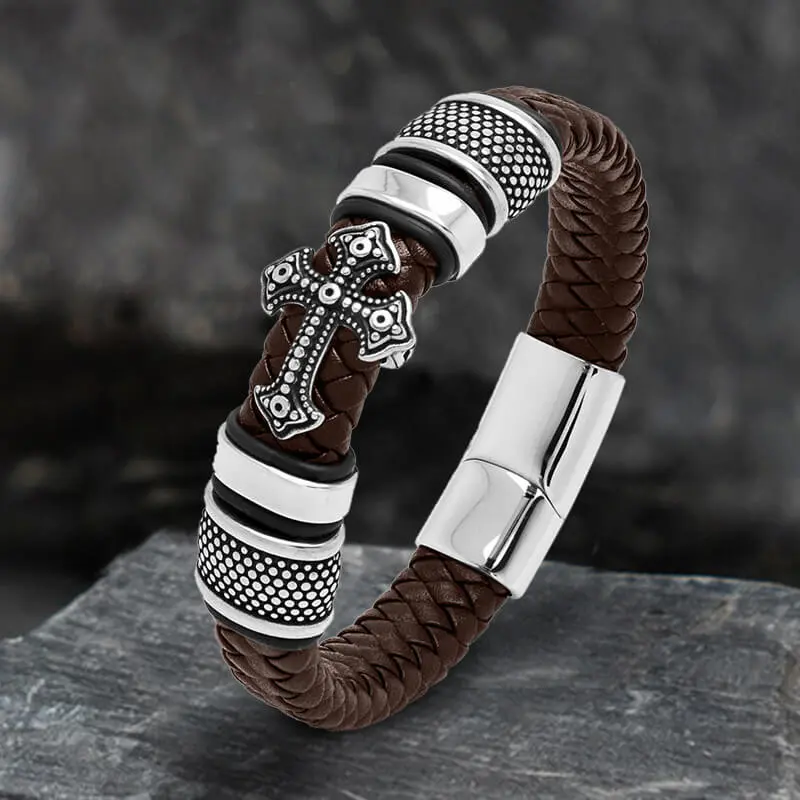 GTHIC Budded Cross Braided Leather Bracelet Fashion Accessories for Daily Wear Stainless Steel