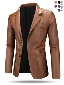 Men's PU Leather Jacket, Plain Suit Collar Design, Business Casual Wear, Fashion Trendy Essential Outerwear, Slim-Fitting Short Coat, Casual Style Outerwear