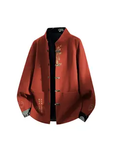 1 PC Men's Fall/Winter Fashion New Chinese Style Short Lapel Sleeveless Printed Collar Design Long Sleeve Loose and Warm Coat with Drawstring Closure and Pockets