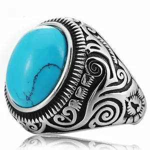Mens Oval Turquoise Stone Ring Men Stainless Steel Size 7 8-15 fathersdaygifts