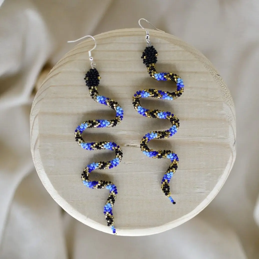 Delilah - Native Beaded Earrings in the Shape of a Blue Snake - Handmade by Mexican Artisans - Mother Sierra
