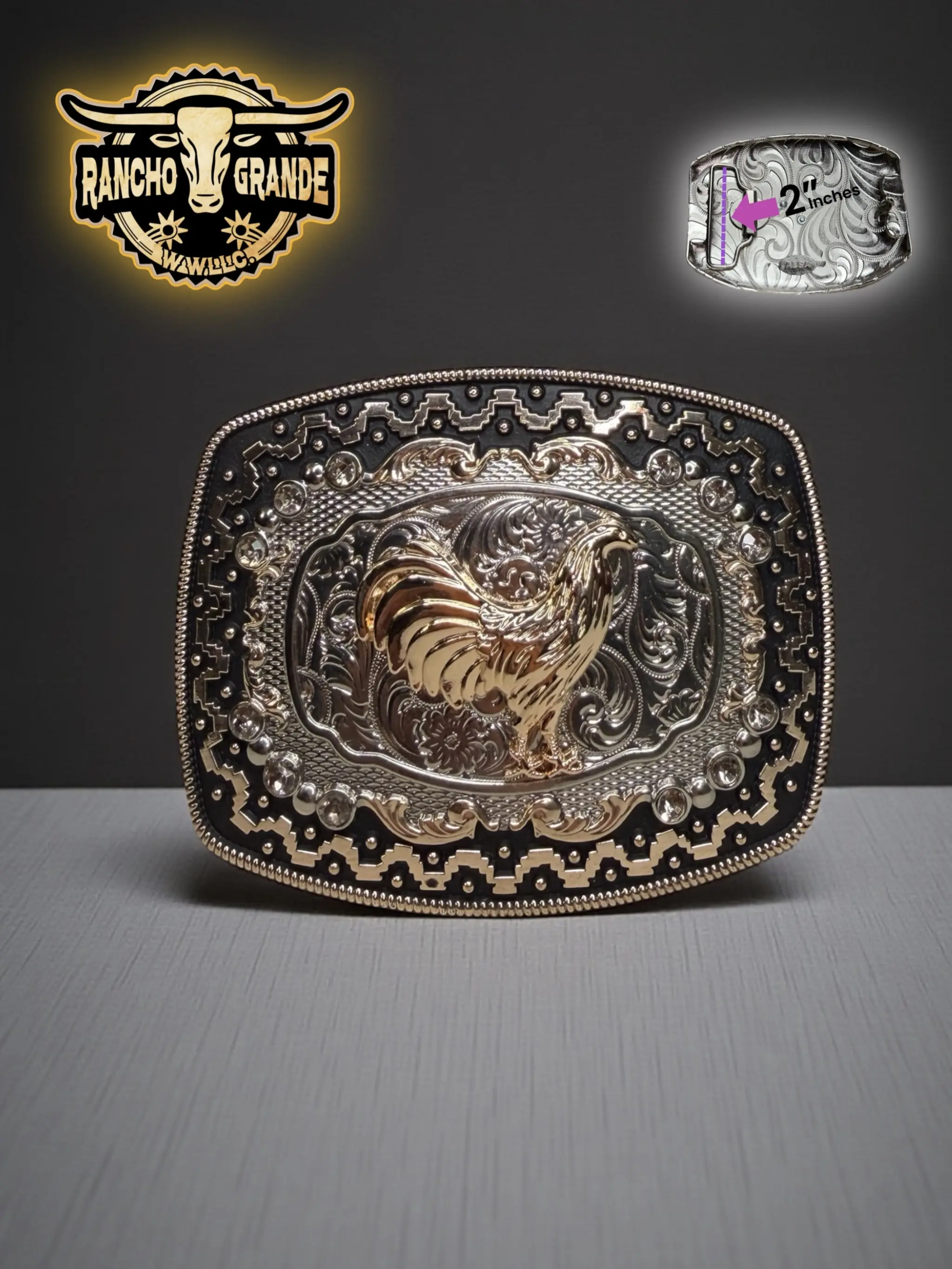 Fashion Western Cowboy Belt Buckle Rooster Logo Gold & Black color  / Hebilla Vaquera Gallo Fino