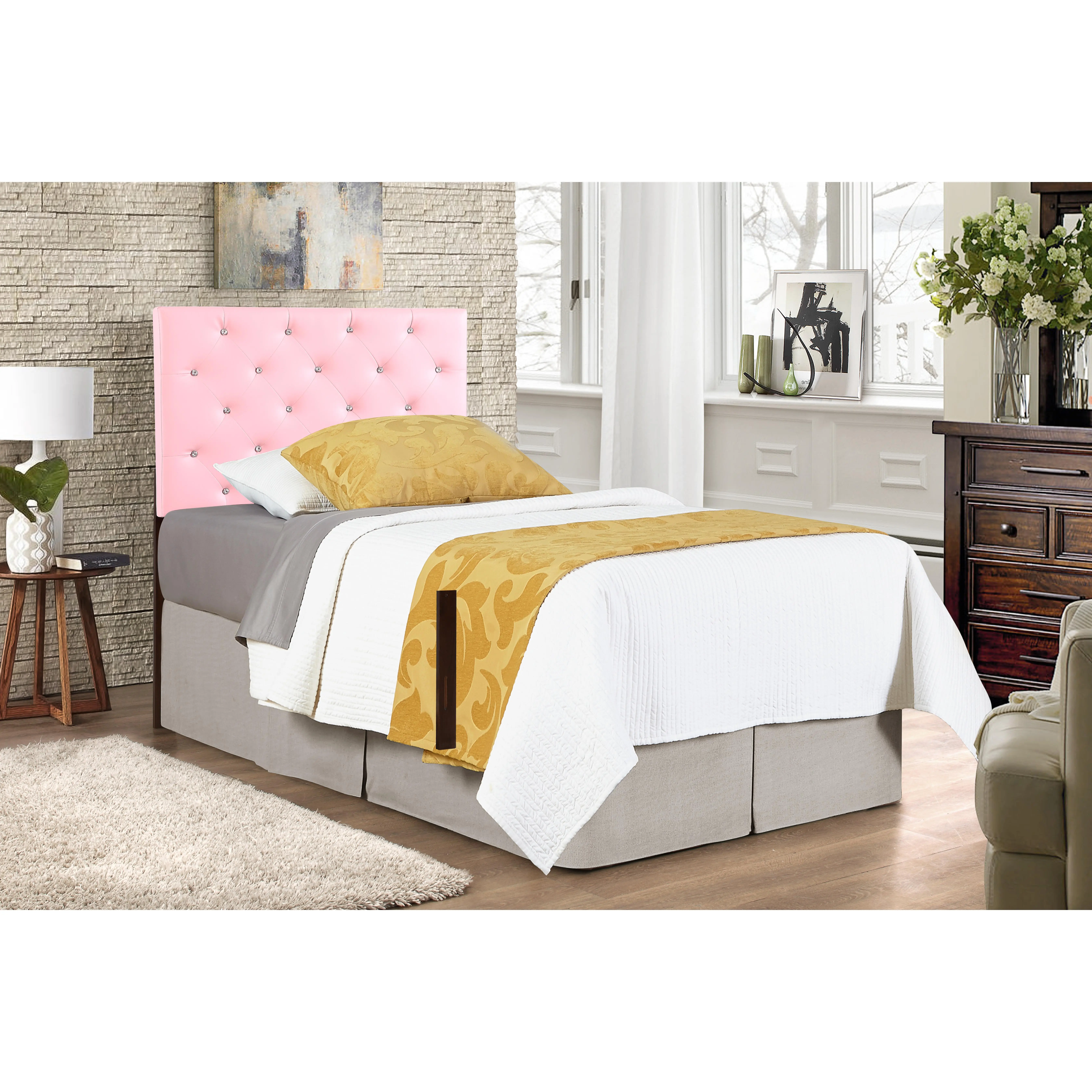 Dreamzon Super Nova G0136-THB Twin Wall Mount Upholstered PU Leather Panel Headboard, Pink, 41-53 In, Faux Jewel Tuft, Height Adjust Design