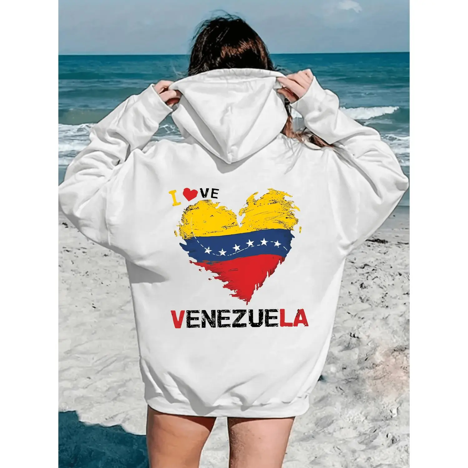 WomenS Casual Polyester Hoodie Featuring Love Heart Venezuela Graphic 100 Polyester Knit Fabric Long Sleeve Pullover with Kangaroo Pocket Hooded Sweatshirt Suitable for Fall Winter For Women Ideal Casual Loungewear Gift For Fashionable Ladies
