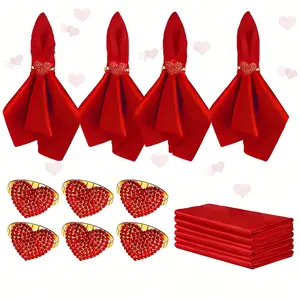12 napkins and napkin ring set, 6 red washable napkin cloths + 6 metal sparkling heart napkin ring brackets are suitable for holiday dinners, parties, weddings, Valentine's Day, Mother's Day (metal material, heart shape)