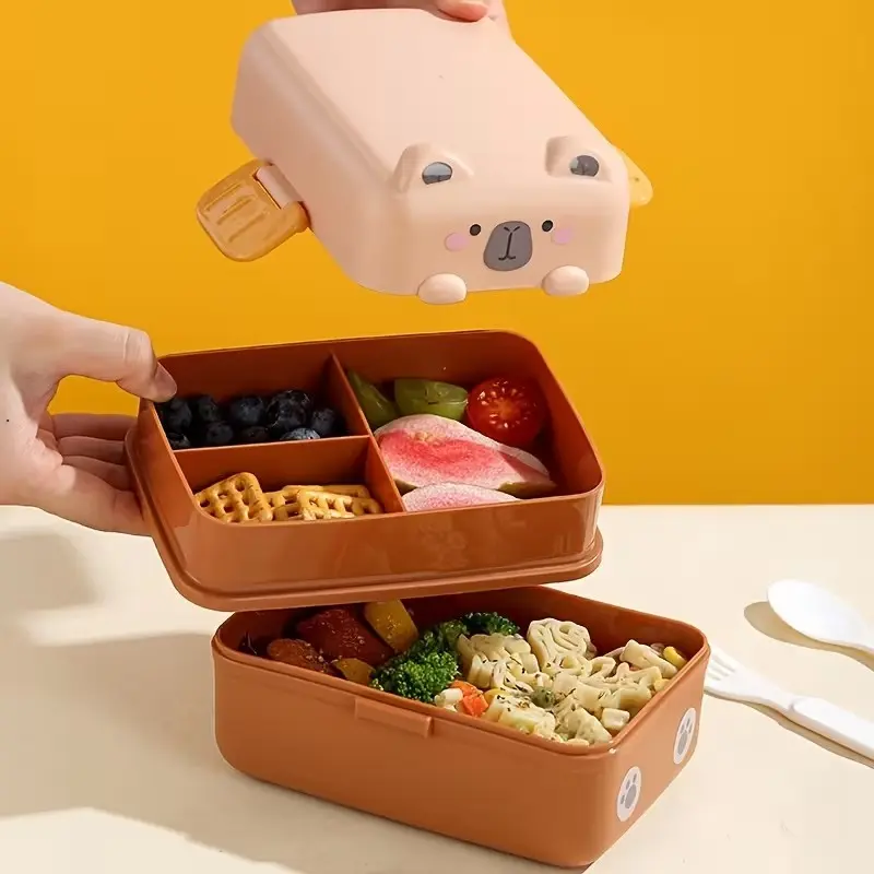 Cartoon Dual-Layer Plastic Student Lunch Box, Plastic Bento Box, Containers for Food, Microwave Safe, Cute Animal Design, Large Capacity, Portable, Easy Clean, for Office, School, Travel, Picnic, Microwavable Bento Box