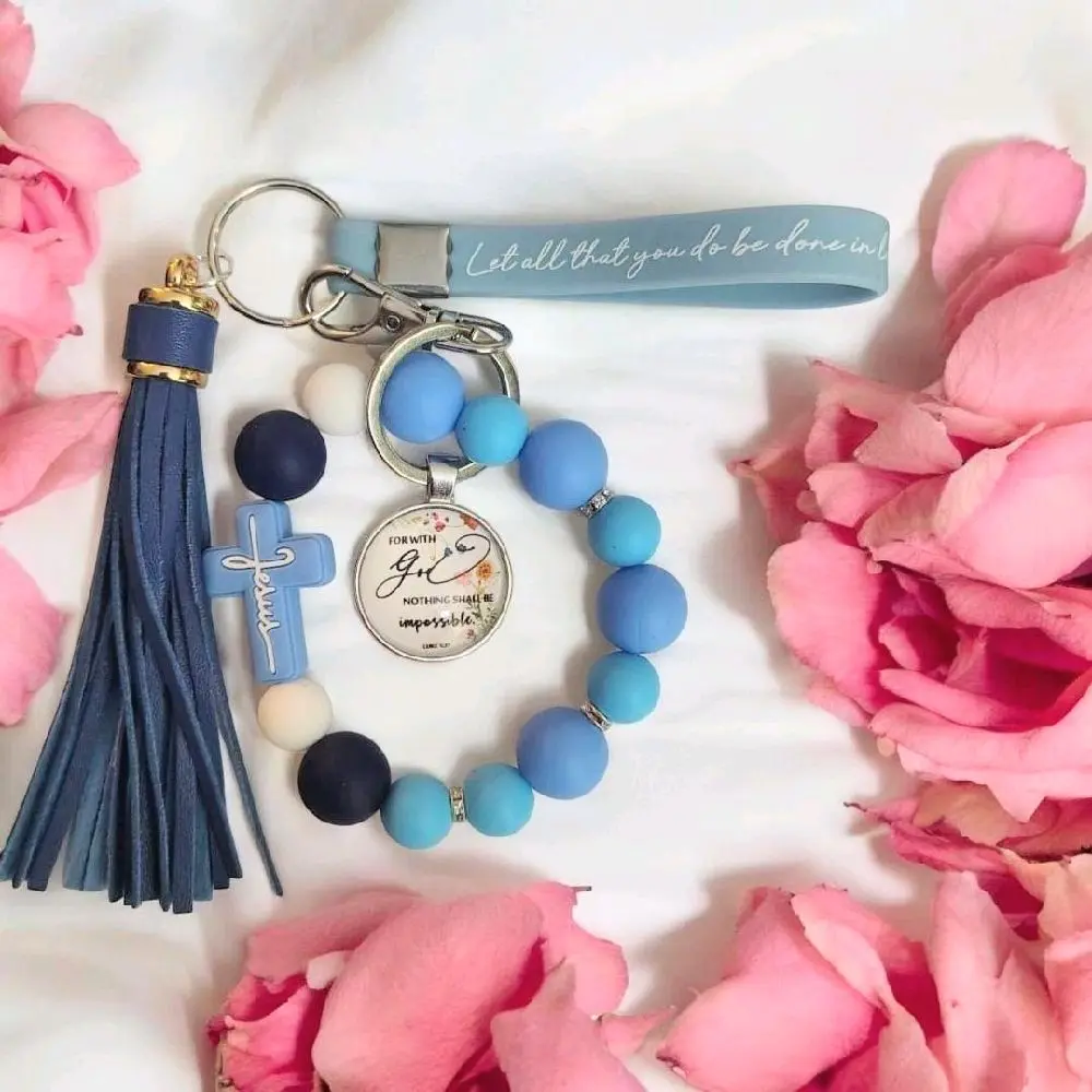 For with God Nothing Shall Be Impossible Keychain Jesus Loves You Blue Beaded Cross Charm Keyring