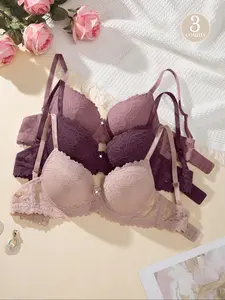 Women's Plain Bow-Decor Contrast Lace Push-Up Bra, Elegant Adjustable-Strap Underwire Bra, Fit, Soft, Comfortable, Breathable Lingerie for All Seasons, Lace Bra Underwear for Women, Adjustable Straps Underwire