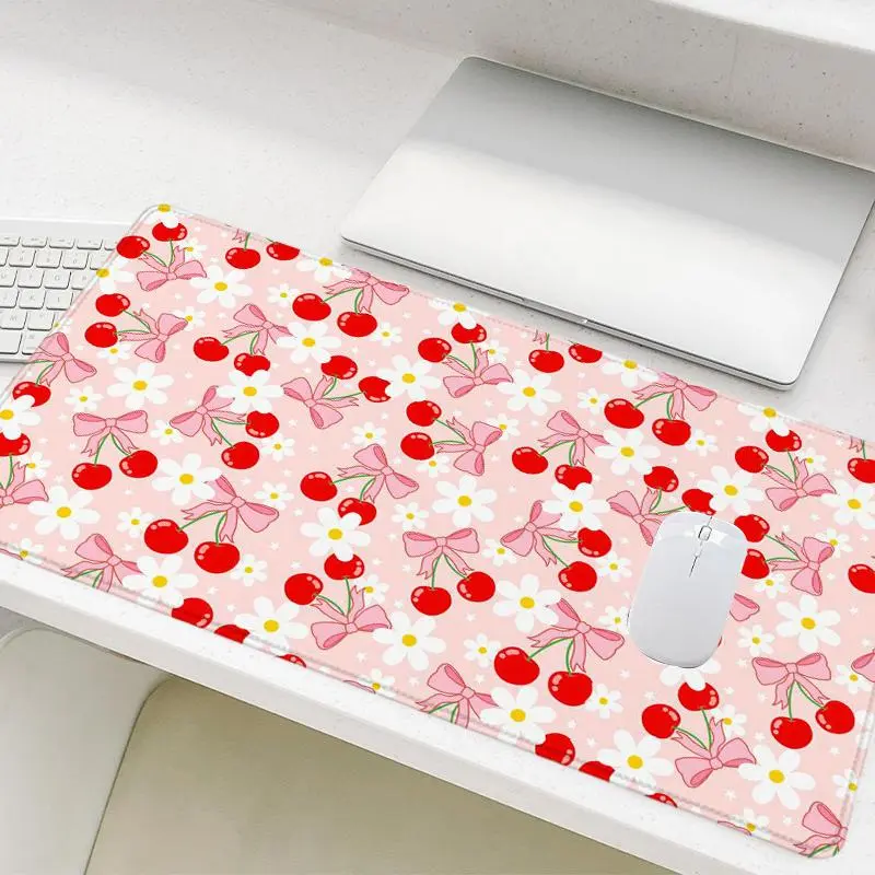 Cute Cherry Pattern Mouse Pad, Rectangle Gaming Mouse Pad, Non-Slip Rubber Base Stitched Edge Desk Pad for Desk Laptop Desktop, Cute Desk Accessories