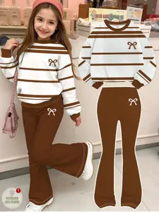 Teen Girls Casual Fashion Coffee Stripe Set, Mini Bowknot Pattern, Loose Round Neck Sweatshirt & Tight Bell Bottoms Two-Piece, Matching Outfits Set, Striped Sets, Fashion Style Sets