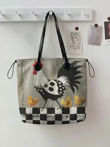 Rooster Pattern 2D Printed Drawstring Tote Bag, Large Capacity Shopping Bag, Durable All Season Use, Ideal for Work, Shopping, Picnic, Travel Tote