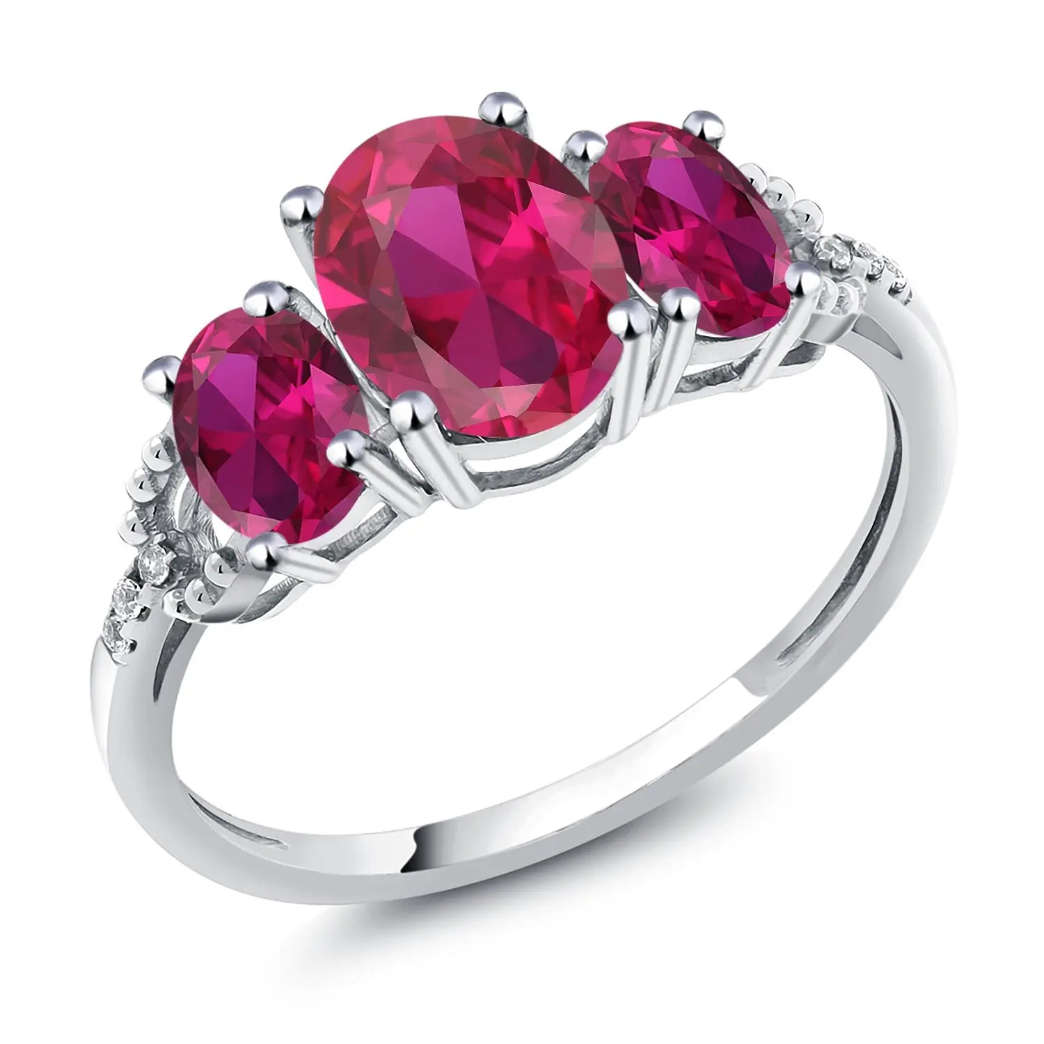 10K White Gold Oval Red Created Ruby and Diamond Accent 3-Stone Engagement Ring For Women | 2.20 Cttw | Wedding Engagement Anniversary Promise Ring For Women