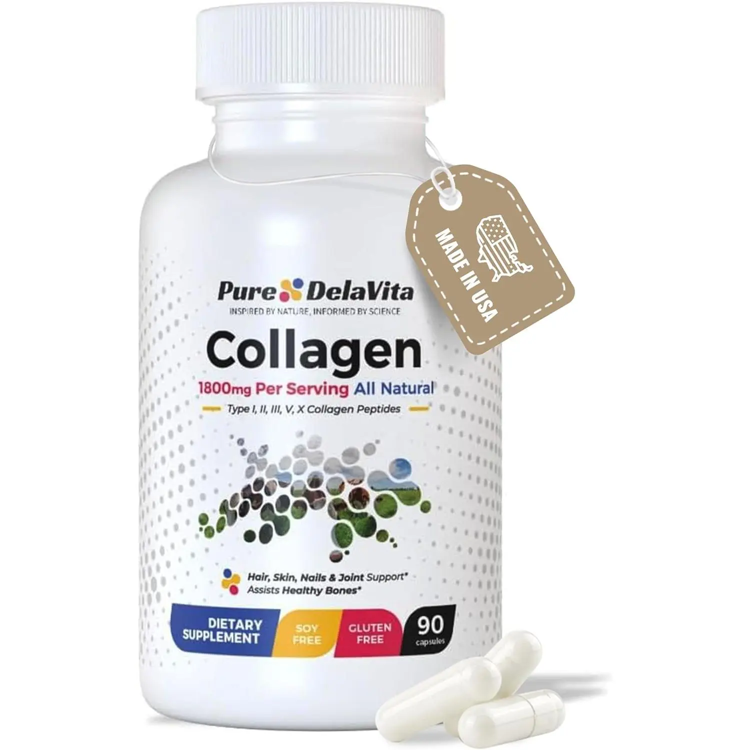 Complete Collagen Capsules for Women – 1800mg, Types I, II, III, V, X for Hair, Skin, Nails, Joints & Bone Health, High Absorption, Anti-Aging, Non-GMO, Gluten-Free, 90 Capsules
