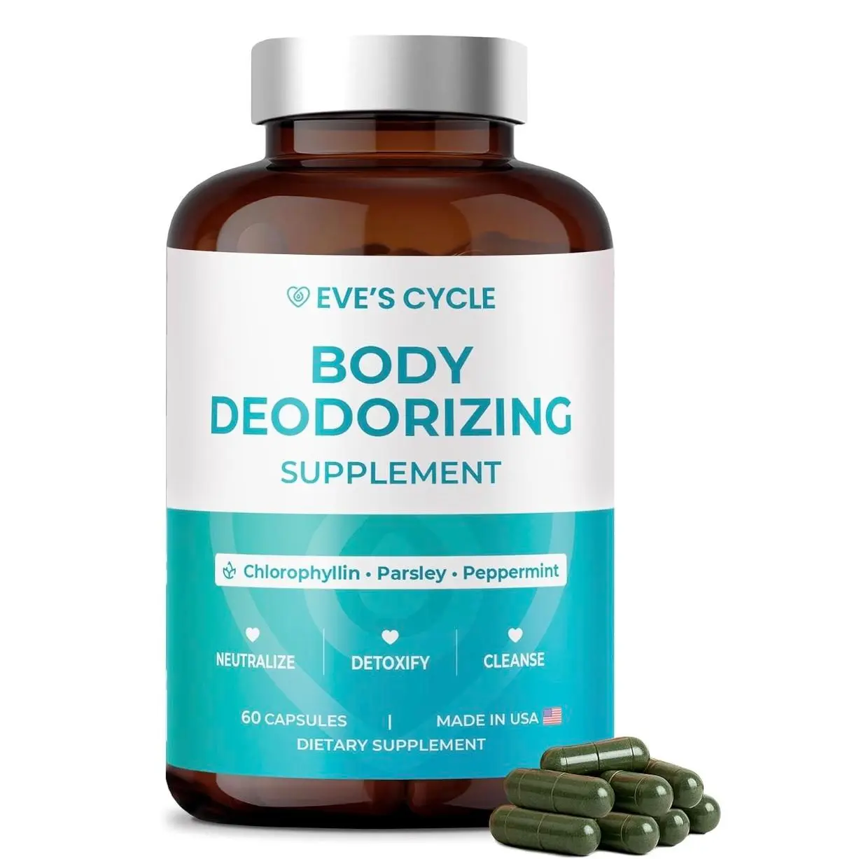 Body Deodorizing Supplement – Natural Internal Deodorant Chlorophyll Capsules with Parsley & Peppermint – 60 Vegan 500mg+ Pills – Bad Breath Treatment for Adults & Cleanse Support