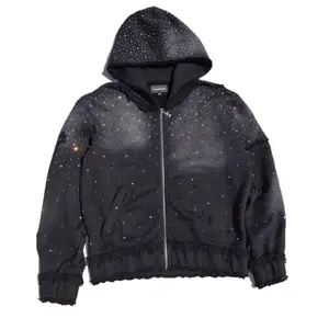 EuropeanAmericanCross-BorderMen'sClothingAutumnWinterTrendyStarrySkyRhinestoneHoodedZipperSweatshirtMen'sStreetHip-HopLooseJacketBlackLongSleeveHotDrillingCottonPolyester