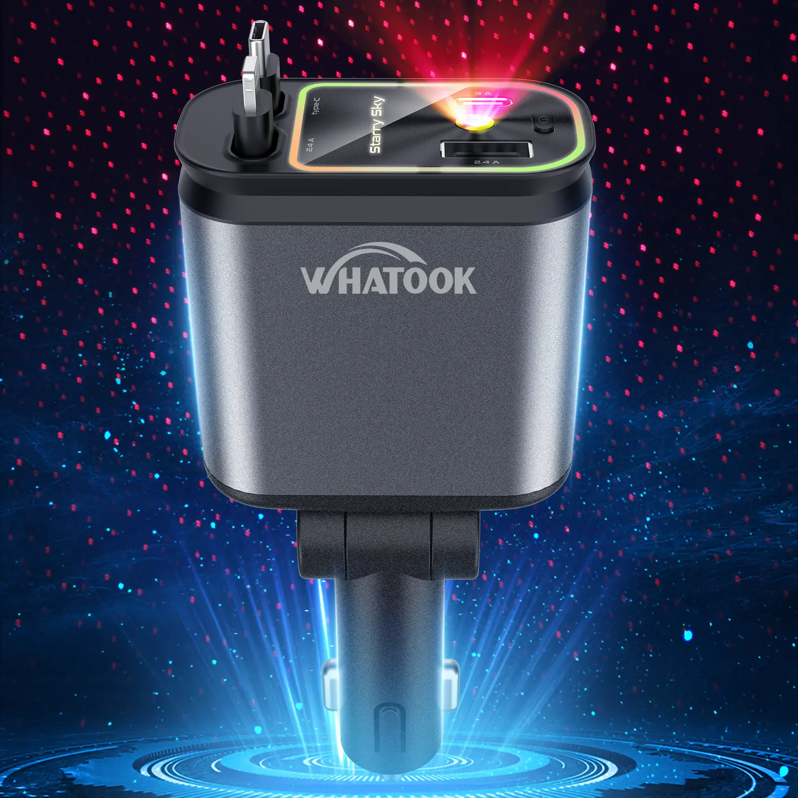 Whatook 4 in 1 Retractable Car Charger with Starlight In Car Roof, Fast Charging Adapter with Lightning &Dual Charger for iPhone Android iPad Switch