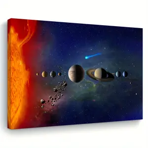 1 Piece Solar System Wall Art - Large Framed Wooden Canvas Painting with Sun, Planets, and Starry Night - 11.8"x15.7" (30x40cm) Educational Space Decoration, Suitable for Home, Office, Astronomy Themed Gift, Suitable for Mercury, etc., 2D Flat, Perfect fo