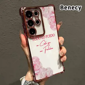 Phone Case Compatible with Samsung Galaxy S23 Ultra S24 Plus S25 S22+ FE Edge Pink Rose Blessing Pattern Electroplating Transparent Silicone Drop-proof Protective Cover