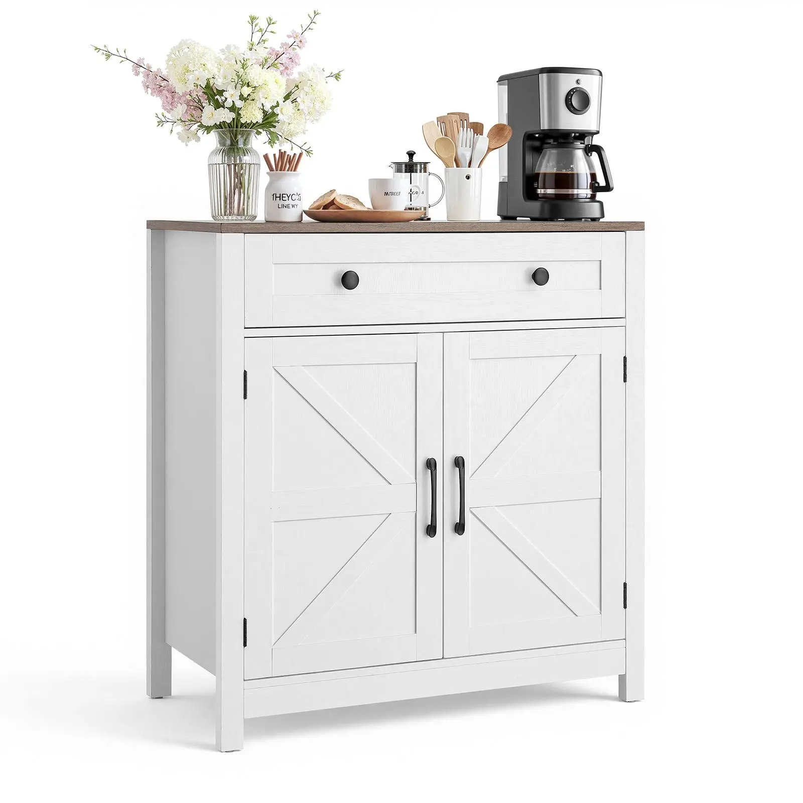 【SummerFinds】VEVOR Coffee Bar Cabinet, Farmhouse Coffee Bar Table with Drawer, Buffet Stand Cabinet with 2 Barn Door, Sideboard Buffet Station for Living Room, Entryway, Kitchen, 29.5 x 14.7 x 31.5 in, White
