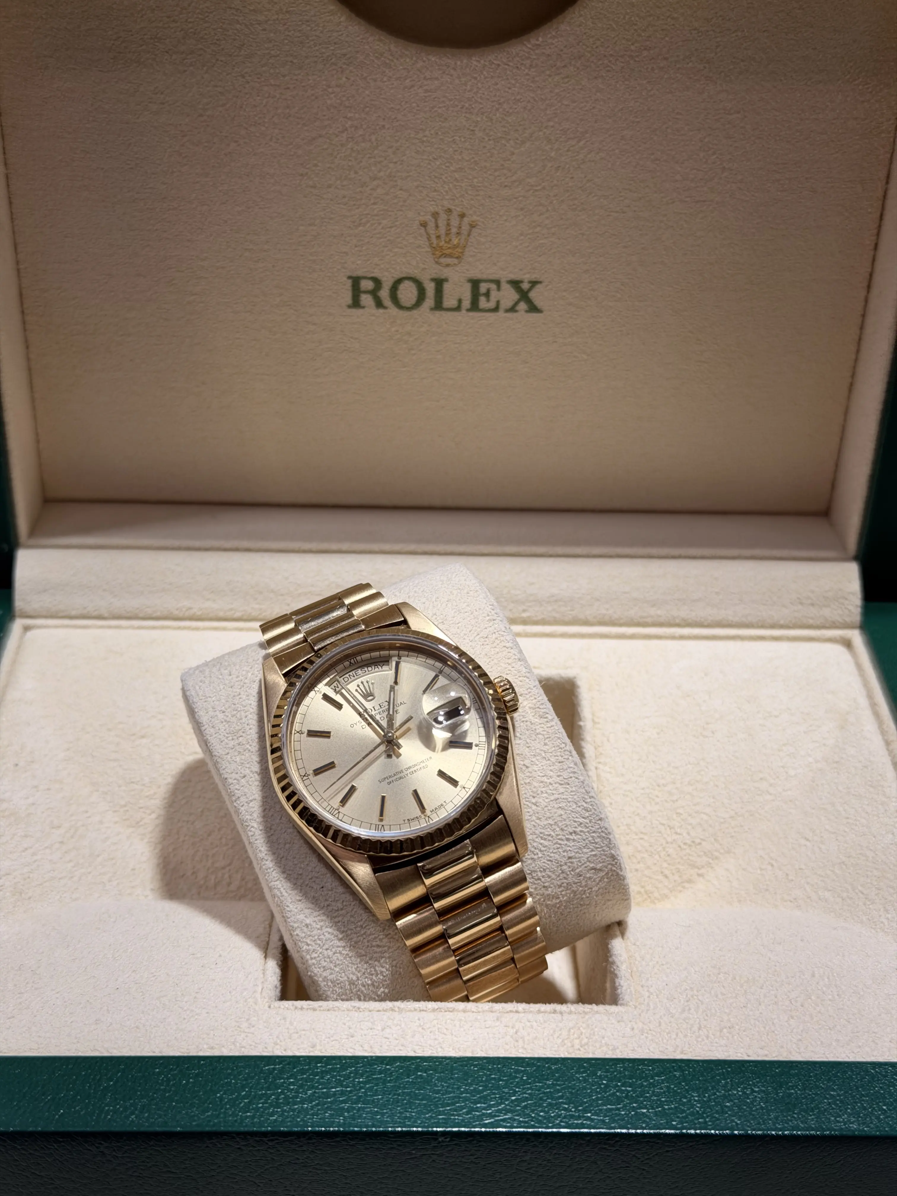 Rolex Day-Date 36 mm Champagne Index Dial 18K Yellow Gold Watch