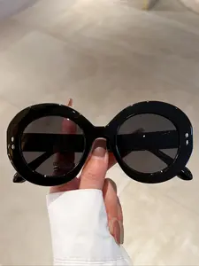 Women's New Fashion Round Glasses, Simple Solid Color with Rice Bead Decoration, Casual Style for All Seasons, Decorative Lens