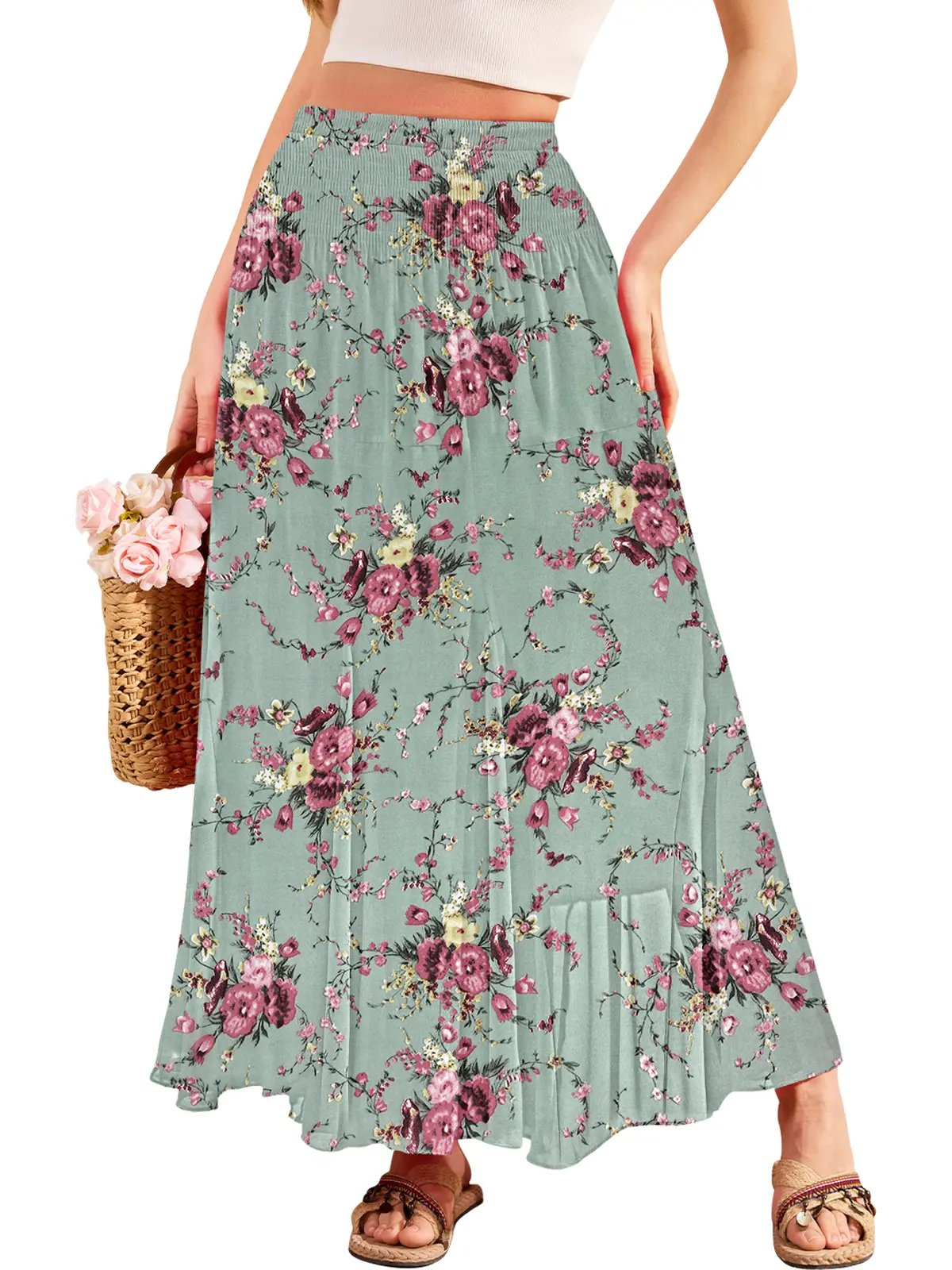 CYiNu summer outfits Women's High Waisted Floral Tiered Chiffon Maxi Skirt Boho Flowy Long Skirt for Summer Casual Floral Maxi Skirt Style Plus Size Long Skirt Lightweight Flowy Tiered Skirt for Women Elegant Bohemian