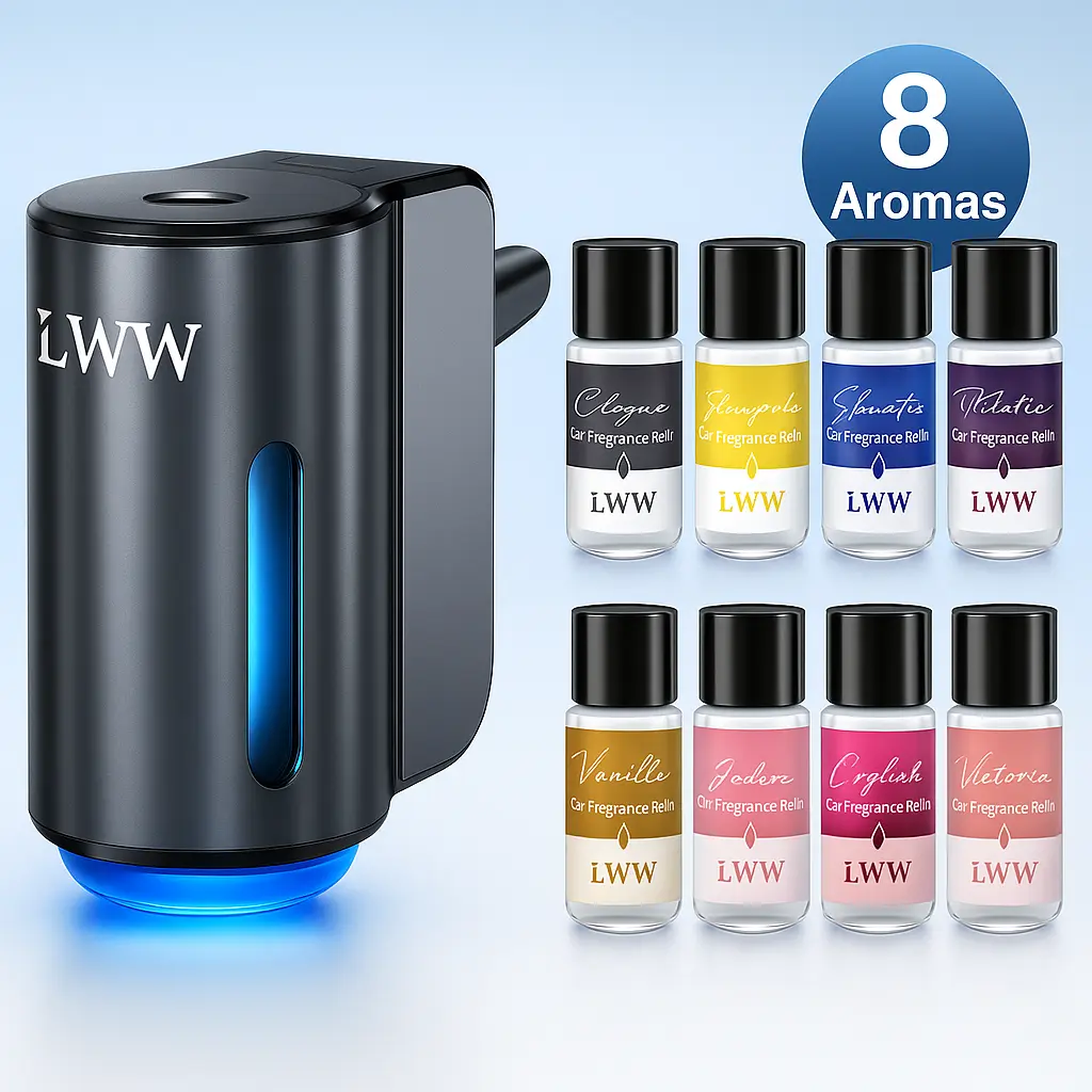 LWW Upgraded Smart Car Aroma Diffuser Set, 8 x 10ml French Essential Oil Bottles, 3 Intensity Levels, USB Rechargeable, 30-Day Battery Life, Vehicle/Auto/Car Accessories for Home Travel