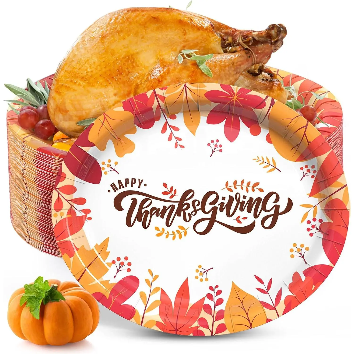 50pcs Oval-Shape Thanksgiving Disposable Plates, 10x12in Heavyweight Autumn-Themed Festive Party Supplies, Fall Home Disposable Tableware, 12Inch 50Pcs