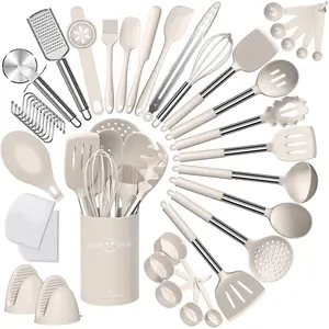 Silicone Kitchen Cooking Utensil Set, 43 pcs Spatula Set with Stainless Steel Handle, Non-stick Heat Resistant - Best Cookware Set-(Khaki)