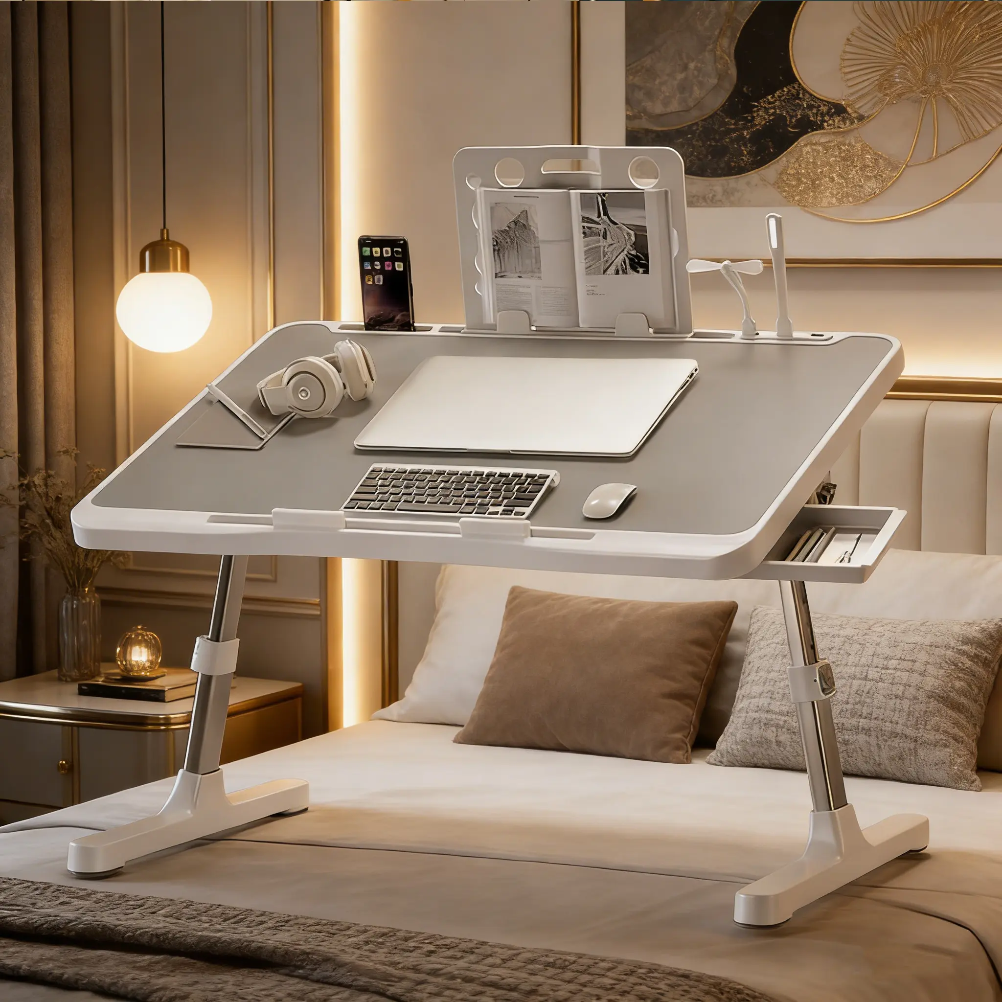 Adjustable Height Foldable Laptop Bed Table with USB Ports, Handle, Card Slot, Drawer - Home Office Desk, Foldable Stand for Students - Ideal for Dormitory, Bedside, Height Adjust