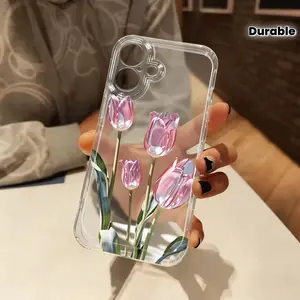 Pink tulip floral phone case, cartoon transparent shockproof, anti-vibration soft case, compatible with iPhone 17 Pro Max, 16, 15, 14, 13, 12, 11, X, XS, XS Max, XR, 7P, 8P, 17E, suitable as a gift for Christmas, Halloween, or Valentine's Day