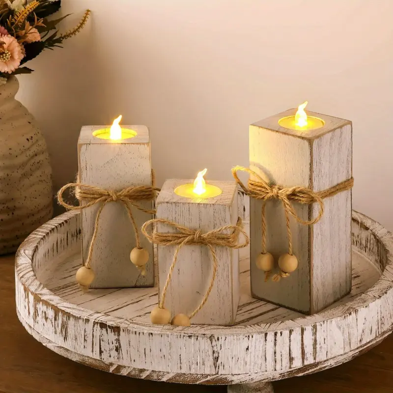 [Rustic Candle Holder Set] 3pcs Rustic Farmhouse Style Wooden Candle Holder Set, Candle Holders For Table Centerpiece, Tea Light Candles Holder, Fireplace Home Decor, Valentine's Day Decorations, Suitable for Pillar Candles, Vintage Candle Stand