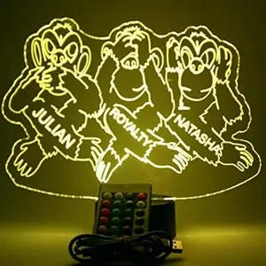 Hear See Speak No Evil Monkeys LED Tabletop Night Light Up Lamp, 16 Color options with Remote