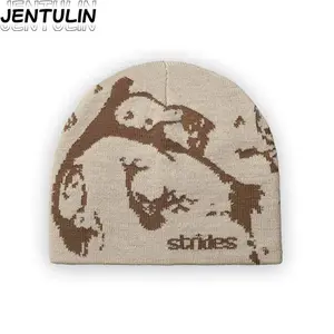 Retro Y2K Pattern Knitted Beanie - Men Women Acrylic Warm Hat for Outdoor Streetwear