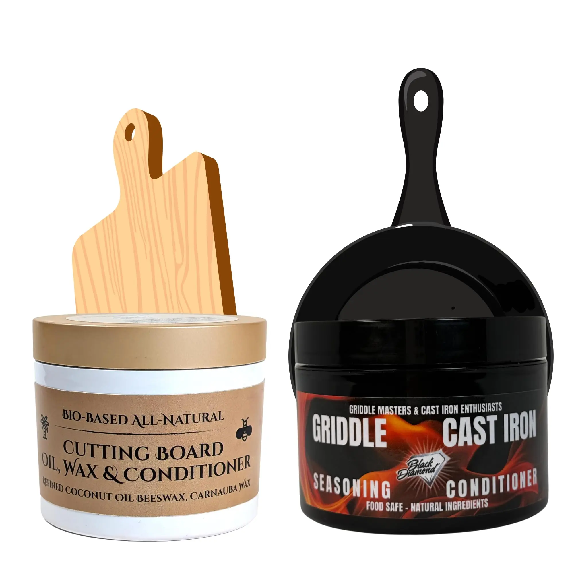 Cutting Board Oil & Griddle Seasoning Bundle - Food-Grade Coconut Oil & Wax for Wood & Butcher Blocks. Conditioner for Cast Iron, Skillets, Griddles & Flat Top Grills (2 Pack)