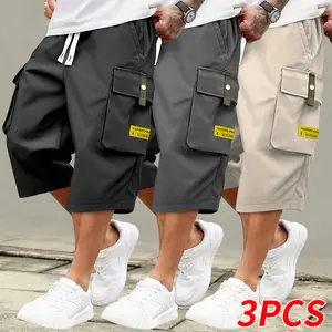 Men’s summer casual cargo shorts — elastic waistband design, multiple pockets, letter appliqué details; regular fit, mid-rise waist, slightly stretchy fabric; suitable for everyday wear and leisure activities; men’s summer shorts.