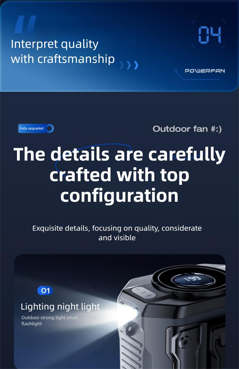 HOOYS USB Rechargeable Handheld Portable Fan, 199-Speed Adjustable, with Waist Clip, Flashlight & PowerDisplay, Personal Fan for Outdoor, Camping, Jobsite, Travel &Indoor Use