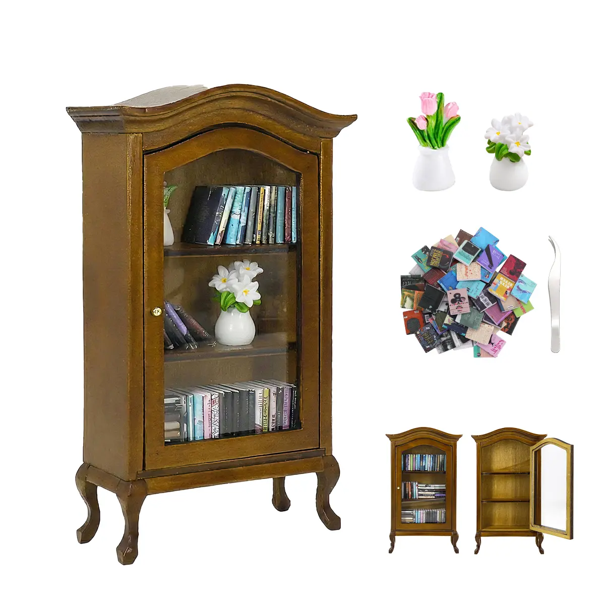 Miniature Bookshelf Decorative Display Case Cabinet - Handmade Vintage Wooden Dollhouse Library Cabinet with Tiny Books & Vases, Anxiety Relief Shaking Bookshelf for Desk Decor, Perfect Gift for Book Lovers